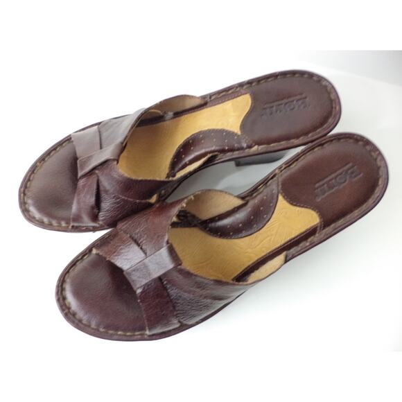 BORN 10M DARK BROWN LEATHER PLATFORM WEDGE HEEL SLIDE SANDAL SHOE - Picture 2 of 8